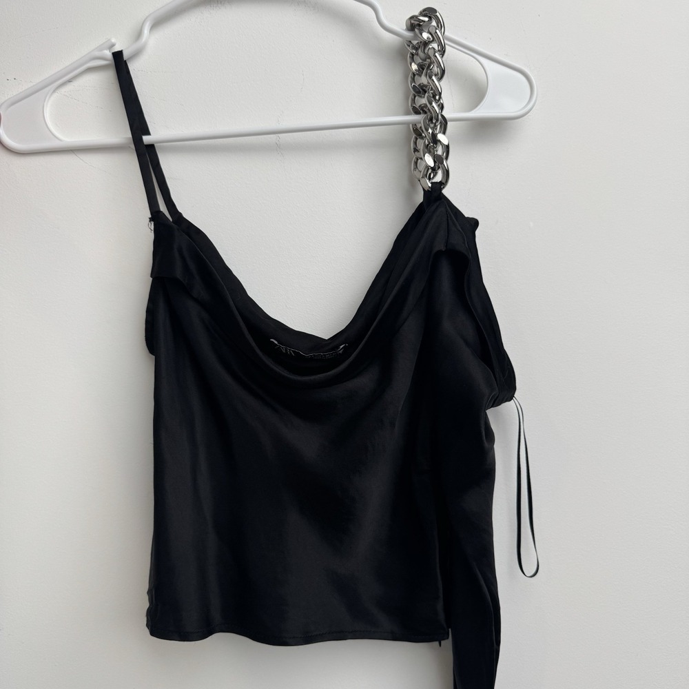 Zara One Shoulder Chain Top S Black Satin Blouse‎ Lightweight Womens